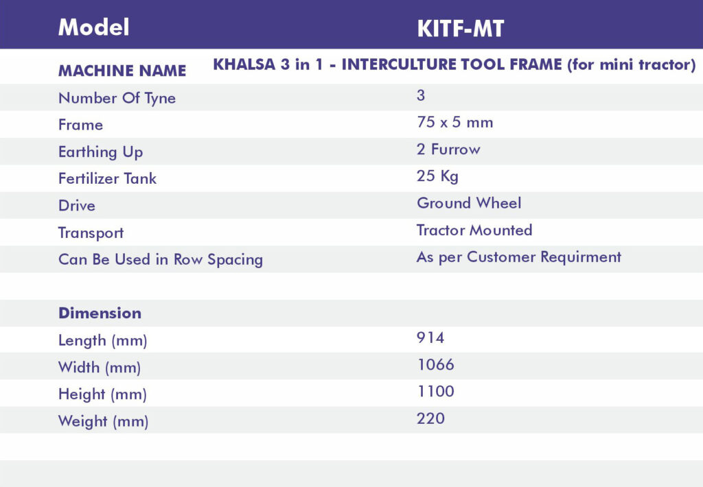 3 IN 1 - INTERCULTURE TOOL FRAME - Khalsagro - Punjab Engineers